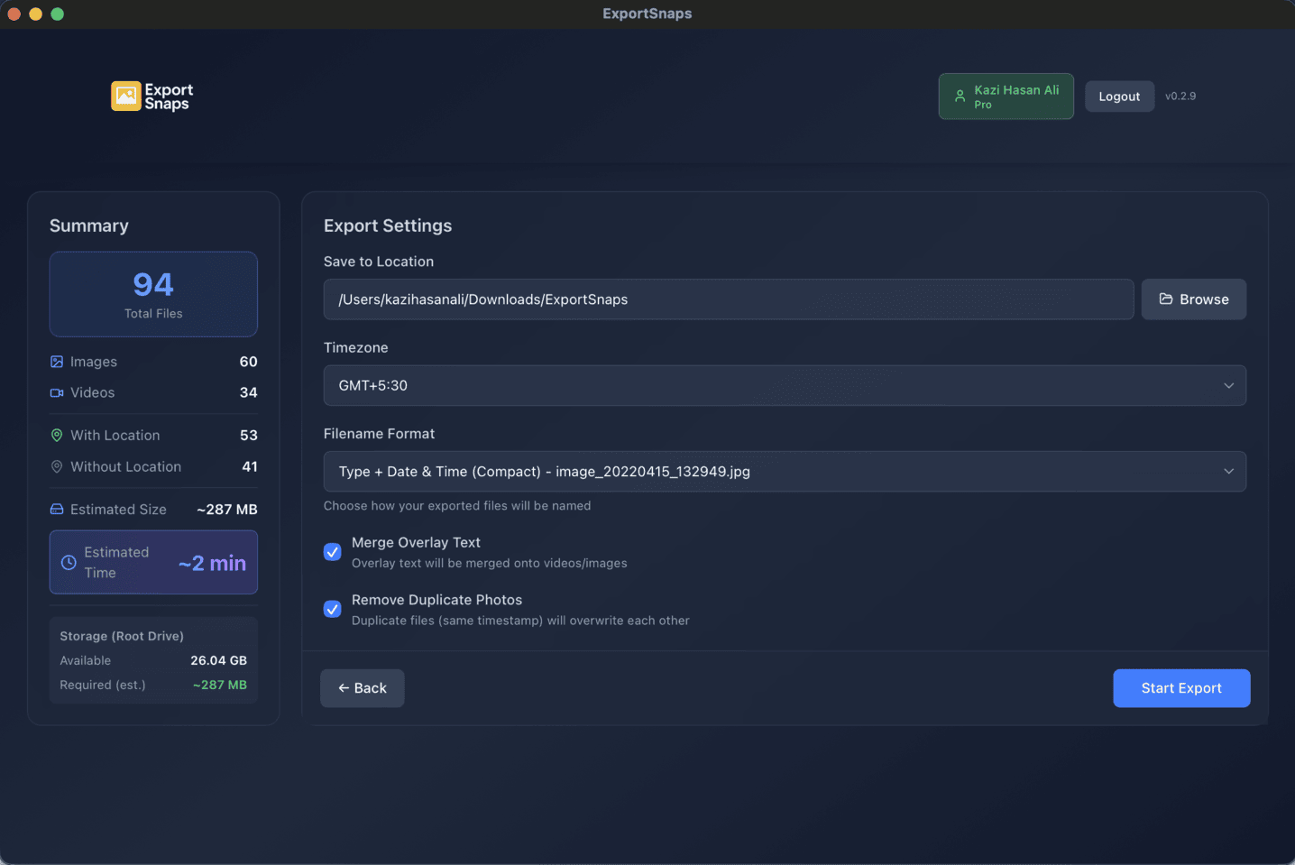 ExportSnaps App Interface