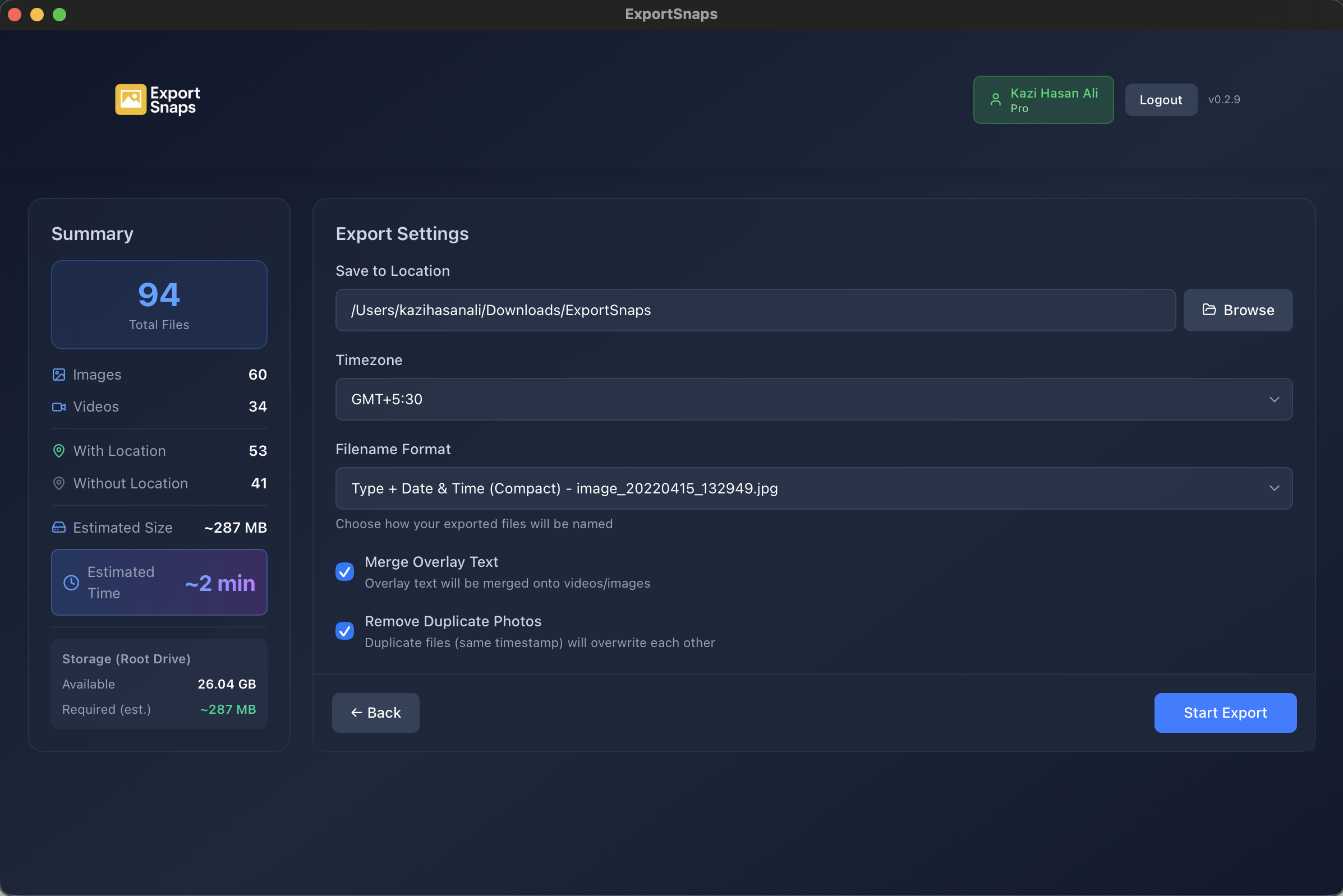ExportSnaps App Interface
